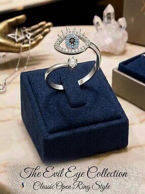 NWT -Evil Eye Rhinestone Open Ring Silver Adjustable
